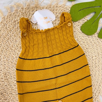 Jardineira Longa de linha- mostarda listra fina azul marinho